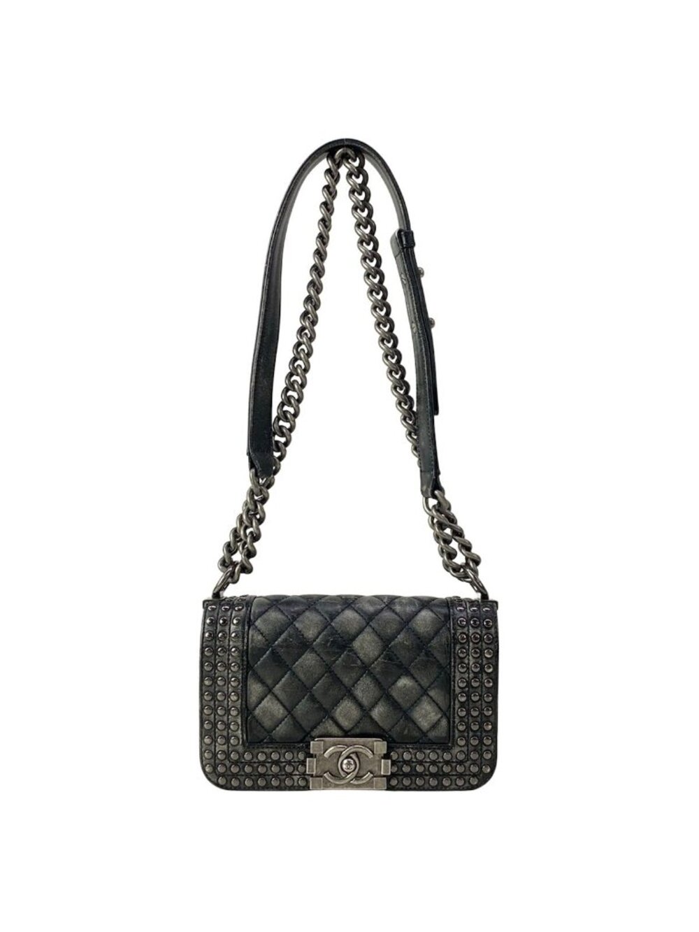 Chanel Shoulder Bag Boy Black Studs Chain Vintage Silver Wash Lambskin